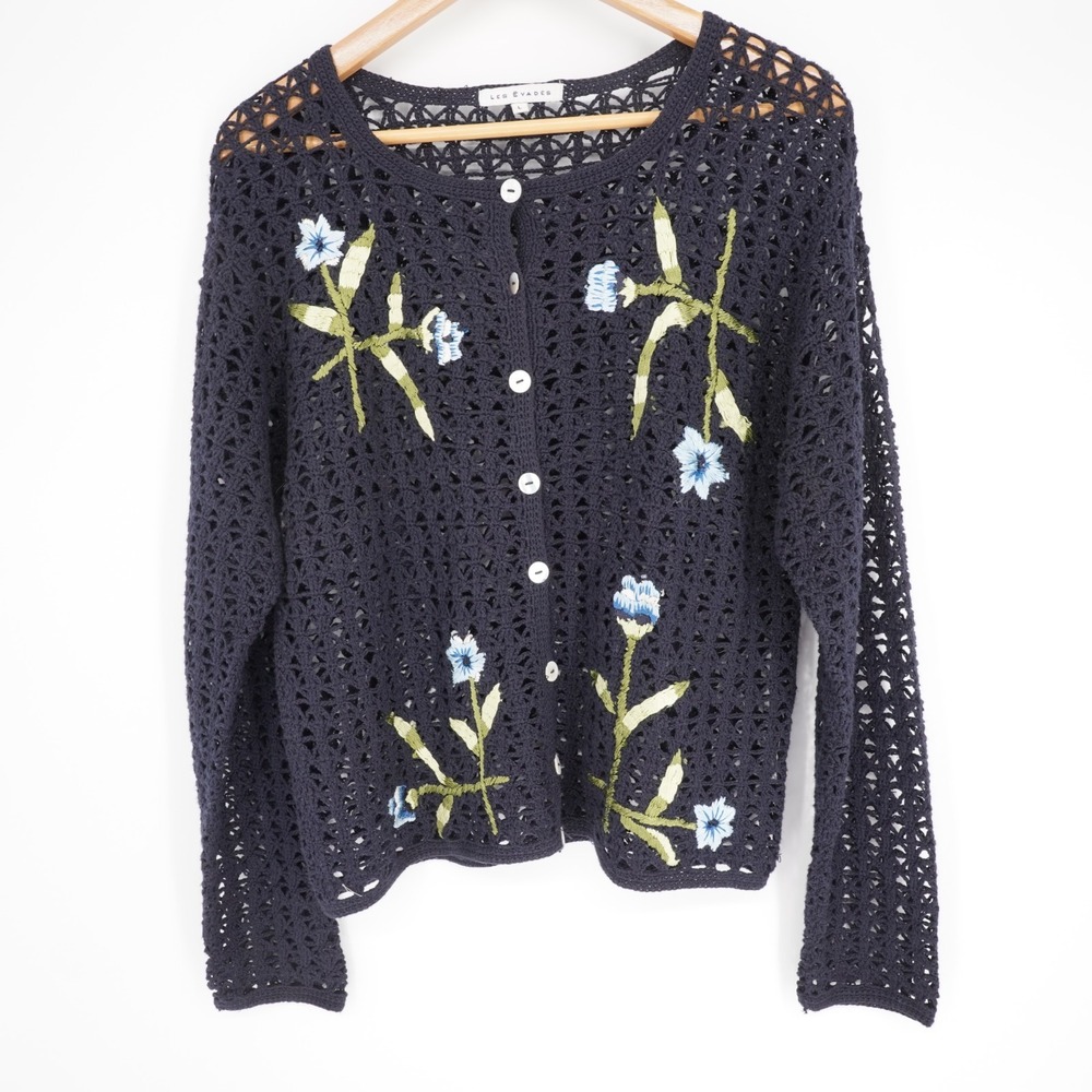 Vintage Y2K Crochet Cardigan  L Navy Blue Embroidered Floral Granny Cottage